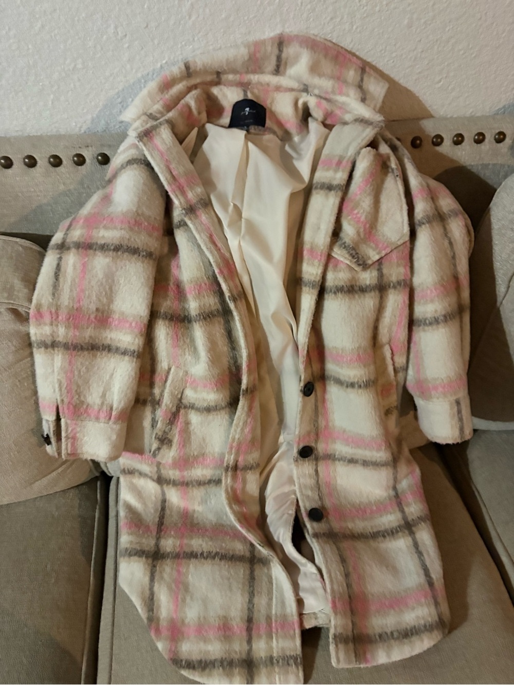 7 For All Mankind Cream Plaid Wool-Blend Coat with Pink & Gray Stripes